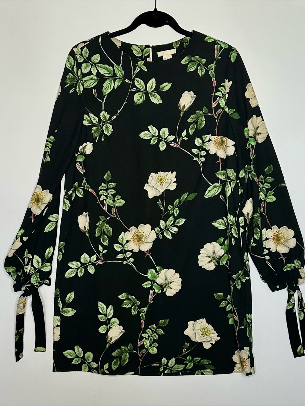 H&M Black Floral Long-Sleeve Shift Dress with Cream Flowers Sz 10